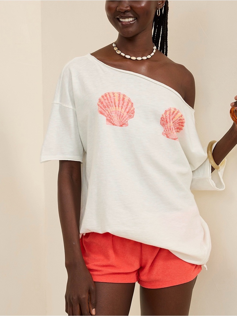 Aerie Off The Shoulder Oversize Boyfriend Tee - Seashell Print